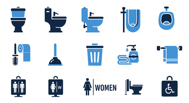 Bathroom fixture icons set toilet urinal accessories on white