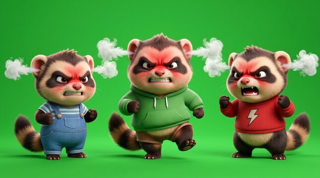 Three Angry Cartoon Raccoons with Steam Coming from Their Ears.