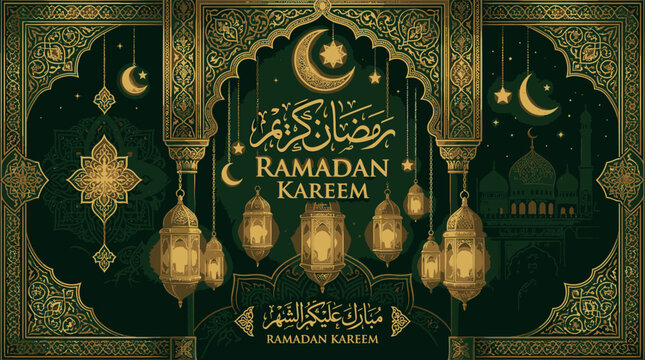 Ramadan Kareem Islamic Decorative Background with Crescent Moon and Lanterns for Greeting Cards and Social Media Posts