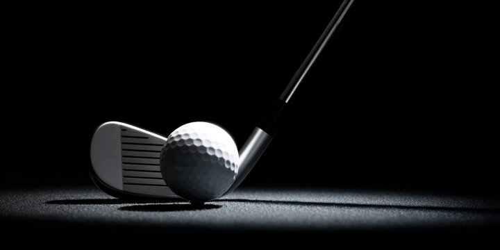 The golf ball poised on the tee beside a gleaming iron club ready to strike