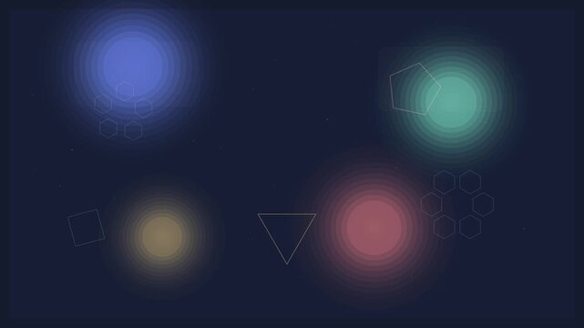 Abstract geometric motion background with glowing shapes and soft bokeh light effects. Minimalist dark blue composition featuring floating circles, triangles