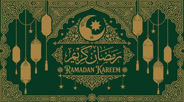 Ramadan Kareem elegant greeting with golden crescent moon, star, lanterns, intricate patterns, and calligraphy on a deep green background