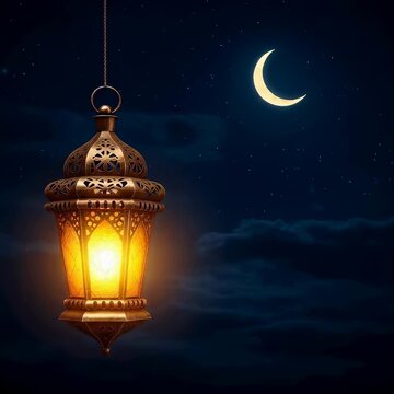 Glowing bronze lantern hanging under crescent moon in night sky. Traditional lamp lighting during holy month of Ramadan. Islamic festive celebration background.