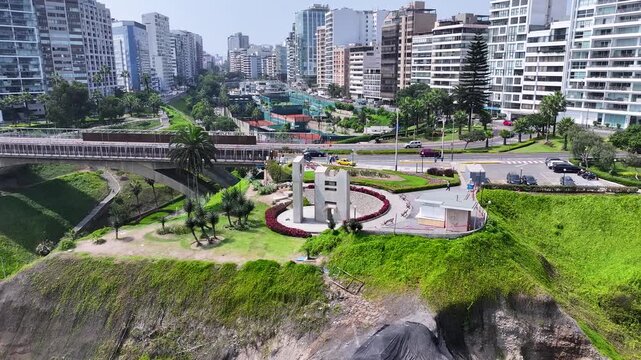 Intihuatana Sculpture In Miraflores Lima Peru. Famous Botanical Garden Showing The Around The City. Business Sky Downtown Cityscape. Business Downtown Up Above. Miraflores Lima.