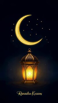 Golden glowing crescent moon and ornate lantern during Ramadan Kareem. Festive night sky background with twinkling stars for islamic celebration and tradition. Vertical video