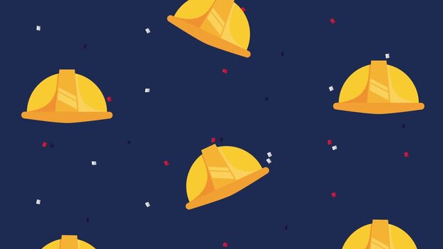 Industrial yellow safety helmets pattern on dark background with falling confetti motion graphic.