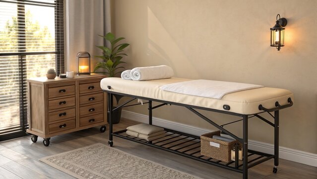 Peaceful Massage Therapy Room Setup with Portable Table & Storage