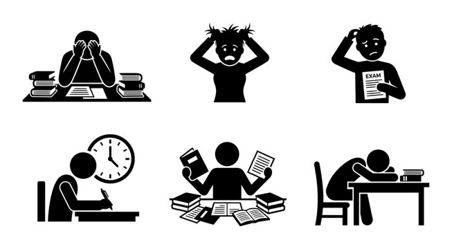 6 Student silhouette icons, solid black style, depicting academic stress, studying, exhaustion, and examination pressure for educational concepts.