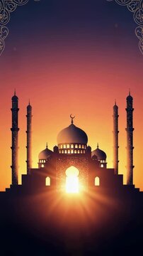 Silhouette of mosque at sunrise as light shines from entrance. Ramadan Kareem background with crescent moon and hanging lanterns for Islamic religious celebration. Vertical video