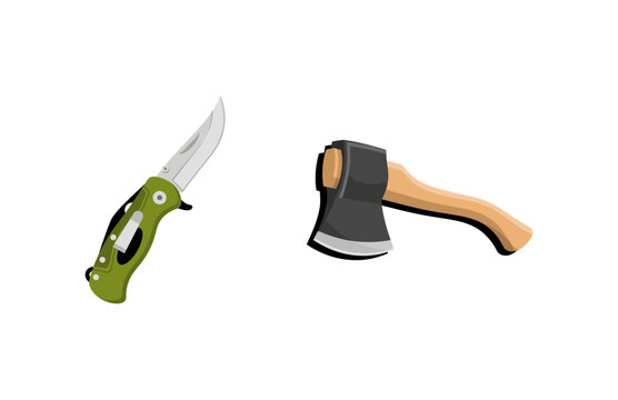 A green folding knife and a wooden axe on a white background