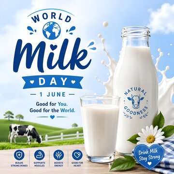 World milk day promoting healthy drink with milk bottle glass grazing cow