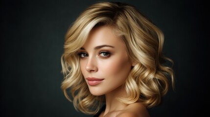 Fototapeta premium Elegant portrait of a young woman with glamorous blonde hair showcasing stylish curls and a soft, natural makeup look against a dark background