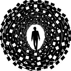 Obraz premium A person walking through a tunnel made of floating social media icons, concept of digital addiction
