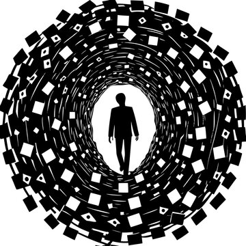 A person walking through a tunnel made of floating social media icons, concept of digital addiction"