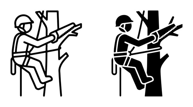 Arborist Tree Climber Icon Set, Silhouette and Outline Vector Graphics for Arboriculture and Forestry Services