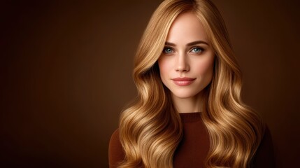 Fototapeta premium Beautiful woman with long, wavy hair and captivating blue eyes in a warm brown background, showcasing elegance and natural beauty in a portrait setting