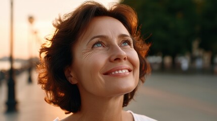 Fototapeta premium Joyful woman looking upwards with hopeful expression during sunset, basking in warm glow of evening light, embracing life's beauty and possibilities