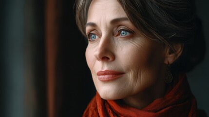 Fototapeta premium Portrait of an elegant woman with gray hair and piercing blue eyes gazing thoughtfully out of a window, captured in soft natural light, wearing a stylish scarf