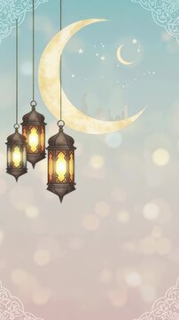 Glowing lanterns hanging with crescent moon in sky. Ramadan celebration background with mosque silhouette. Religious festival event greeting card design element. Vertical video