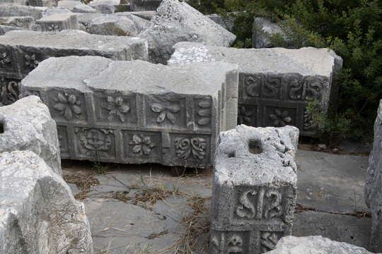 Ornamented stone fragments in the Ancient city of Xanthos at the Lycian way