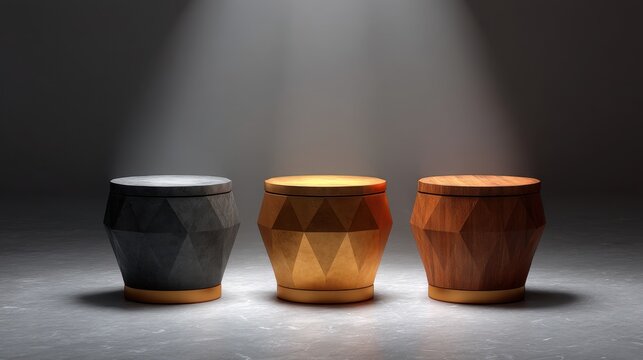 Modern geometric stools in a minimalist setting showcasing a black, a golden, and a wooden design with soft spotlighting highlighting their unique shapes