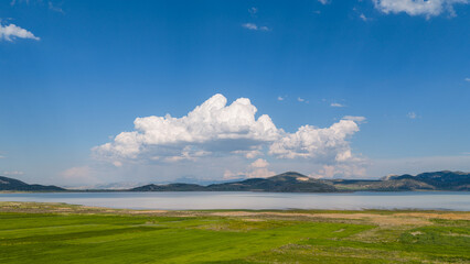 Obraz premium A serene aerial view of vast green plains with massive white cumulus clouds drifting overhead and the tranquil shores of a lake.