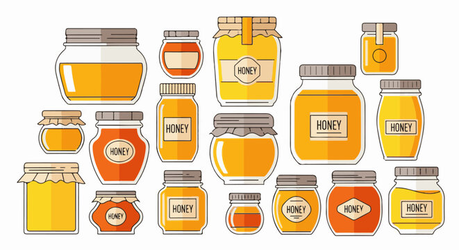 Assortment of honey jars in various shapes and sizes with labels