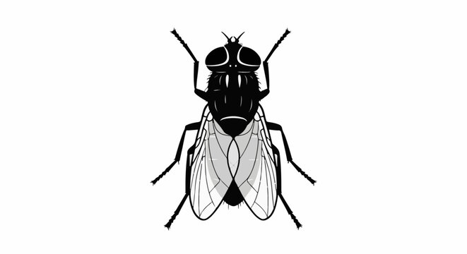 Black and white illustration of a fly with detailed wings and body