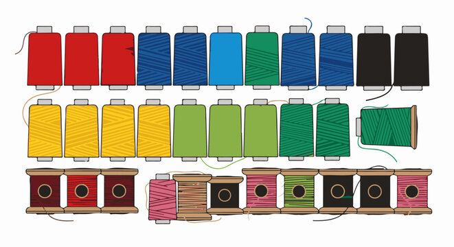 Assortment of colorful thread spools and wooden bobbins with loose threads