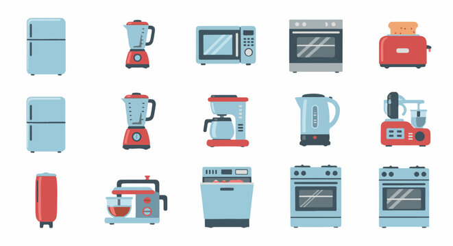 Assorted kitchen appliances rendered in a flat, colorful, pixel-art style