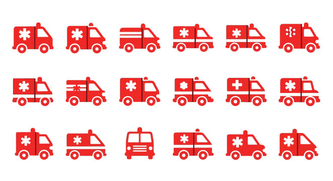 Collection of red ambulance icons healthcare emergency transportation concepts
