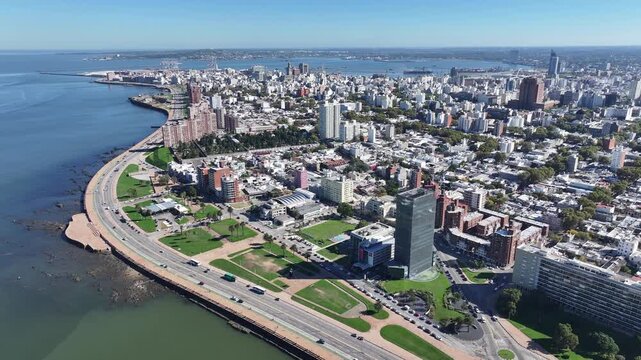 Montevideo Skyline In Montevideo Maldonado Uruguay. Turquoise Ocean Waves Gently Crashing On Tropical Beach. Business Sky Background Downtown Cityscape. Outdoor Downtown Panorama.