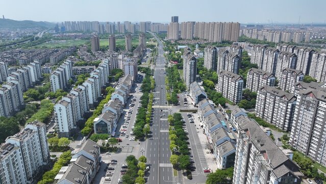 Aerial View of Urban Residential District and Tree-Lined Boulevard