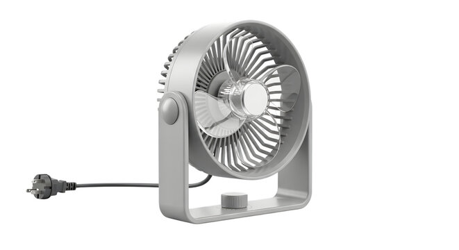 Modern grey desk fan with power cord isolated on transparent background