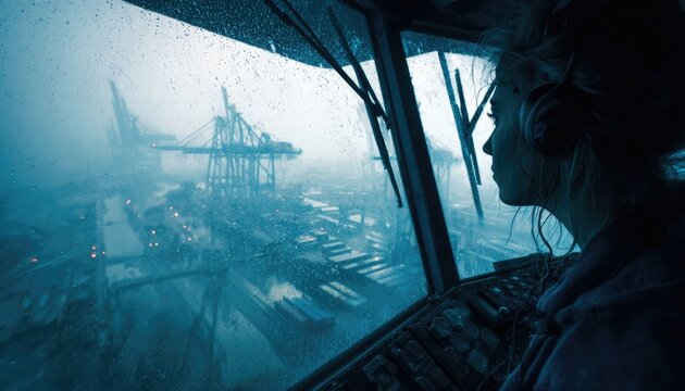 Striking image of a female dock crane operator inside her cab high above the port, tiny ships below visible through rain-streaked glass, power and precision, cinematic blue-gray tones