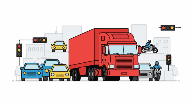 Busy city street with a large red truck and various vehicles at an intersection