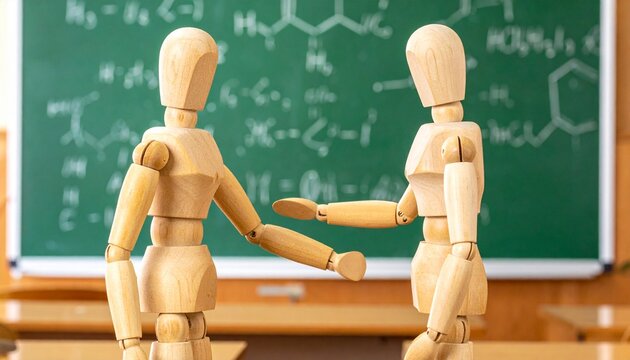 Two wooden mannequins shake hands before a chalkboard of chemical formulas, symbolizing collaboration, science, and human connection within an academic setting of discovery and learning.