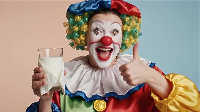 Clown with colorful wig and makeup holds a glass of milk while smiling and giving a thumbs up, showcasing a playful and cheerful demeanor against a pastel background