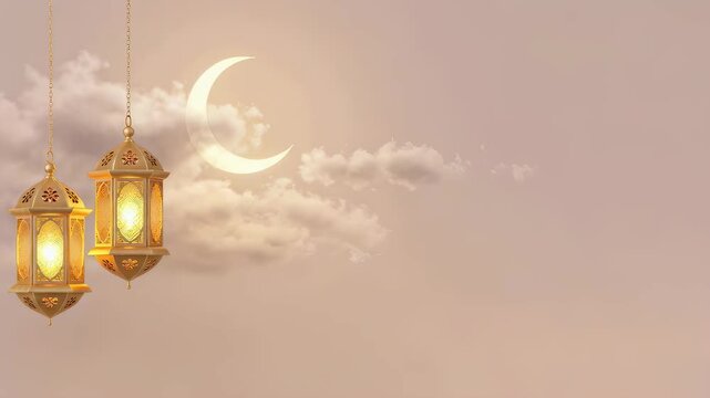 Golden lantern hanging with crescent moon in cloudy sky. Islamic festive background for Ramadan, Eid al-Fitr and Eid al-Adha. Religious cultural greeting design.