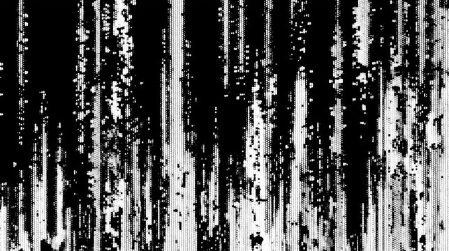 Abstract black and white glitch texture with vertical pixel streaks and digital noise pattern background