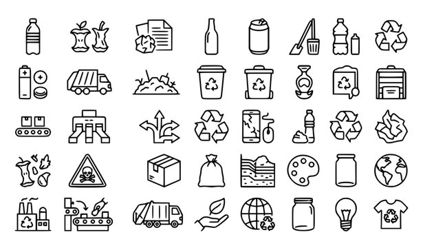 Waste sorting line 30 icon set with recycling plastic glass paper and editable stroke vector collection