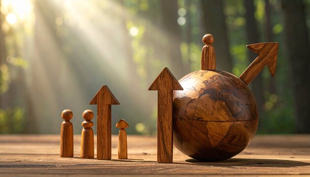 A handcrafted wooden globe encircled by arrow figures rests in forest sunlight, symbolizing sustainable growth, unity, and ecological awareness within nature&rsquo;s warm, harmonious embrace.
