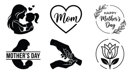 Mother's day illustrations set black and white silhouettes and icons mom and child heart flowers greeting card elements © Kingko