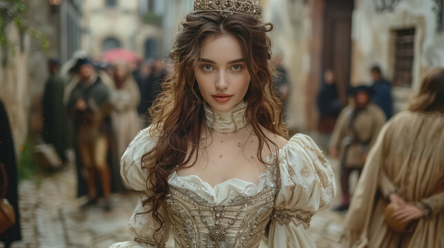 A medieval noblewoman in a luxurious gown with a crown