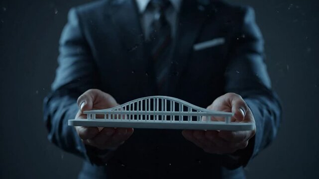 Businessman Holding Architectural Bridge Model for Infrastructure and Connection Concept
