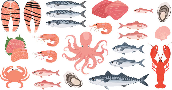 Assorted seafood collection. Salmon, tuna, mackerel, shrimp, octopus, crab, lobster, scallops, oysters, and small fish. Ideal for seafood menus, cooking icons, and grocery visuals.