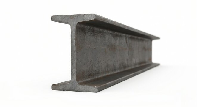 I-beam steel girder isolated on white background. Heavy industrial metal profile for construction, civil engineering, and architectural framework. High-quality 3D render of structural steel support