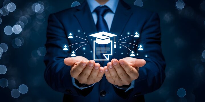 Businessman holding glowing graduation cap and academic scroll with student network on dark bokeh background.