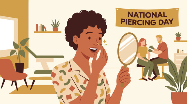 Happy woman with new nose piercing celebrating National Piercing Day