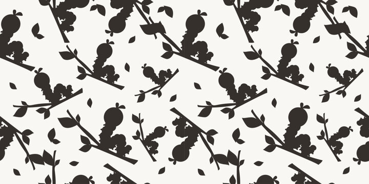 Caterpillar silhouette seamless pattern on branches